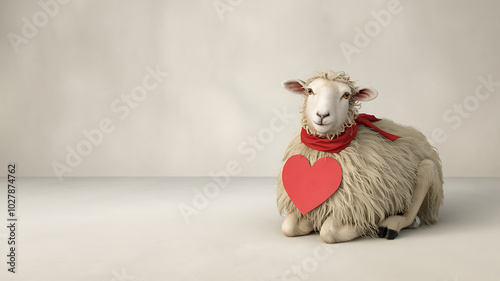 White sheep with red heart and scarf, Valentine's Day love and affection. 
