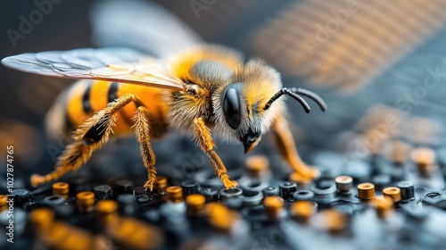 A macro shot captures a bee in fine detail as it explores a textured surface, showing the intricacies of its body and evoking themes of diligence and nature. photo