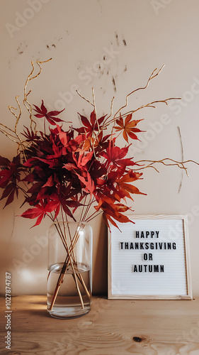 Red leaves in vase and sign Happy Thanksgiving or Autumn, fall seasonal decor.