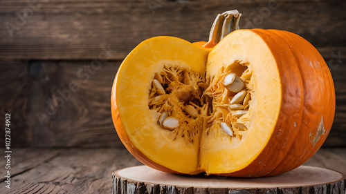 Orange pumpkin halved on wood, autumn harvest, rustic still life. 
