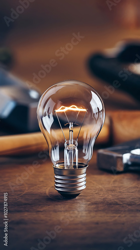 A glowing lightbulb on a wooden table, representing ideas and inspiration. 

