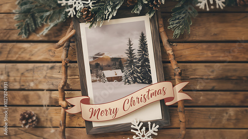 Rustic wooden background with a framed winter cabin scene and a red ribbon with Merry Christmas. 

