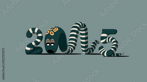 Striped green and white snake forming the number 2025, playful New Year illustration. 