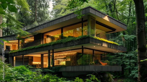 A house utilizing modern construction techniques, with expansive windows and a porch set in a forest filled with trees. An escape from city life.