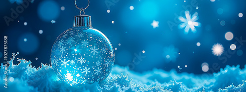 shining glowing snowi bokeh background blue abstract banner with snowflakes and lights guarland photo