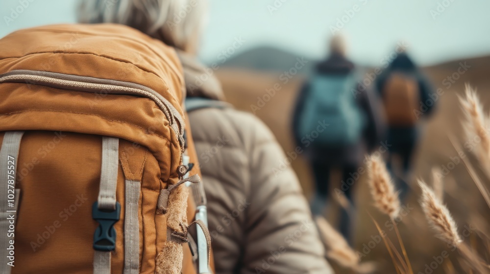Close-up of a backpack with blurred hikers in the background, symbolizing the journey, adventure, and collective experience on a serene hiking trail. Close-up of a backpack with blurred hikers in the background, symbolizing the journey, adventure, and collective experience on a serene hiking trail.