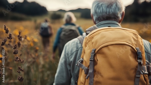 A group of elderly individuals with vibrant backpacks are shown walking along a field trail, surrounded by nature, celebrating community and active living.