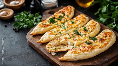 A collection of cheese-filled flatbread slices, artistically arranged on a wooden board, highlighting freshness and flavor, topped with vibrant parsley garnish. photo