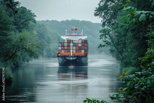 A large cargo ship, loaded with shipping containers, navigates a narrow canal surrounded by dense, lush green forest. photo