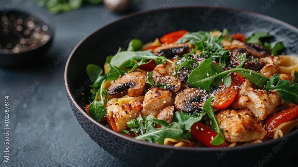 A delicious dish featuring grilled chicken, sautéed mushrooms, fresh arugula, cherry tomatoes, and pasta presented in a dark bowl with a rich, vibrant color palette. A delicious dish featuring grilled chicken, sautéed mushrooms, fresh arugula, cherry tomatoes, and pasta presented in a dark bowl with a rich, vibrant color palette.