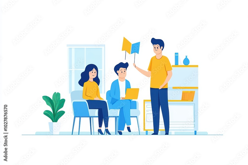 Three colleagues discussing ideas in a modern office with a bright and inviting atmosphere. Three colleagues discussing ideas in a modern office with a bright and inviting atmosphere.