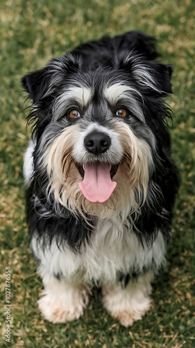 Black and white dog with pink tongue smiling in green grass, playful pet portrait for pet lovers. 