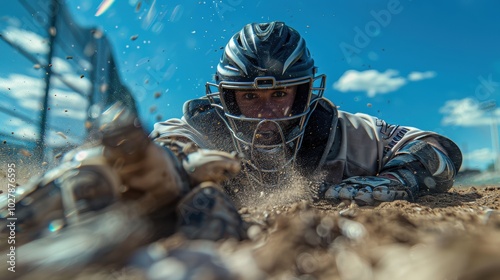 A dynamic action shot capturing a baseball player diving headfirst into the dirt, eyes focused, and determination visible behind protective gear on a sunny day photo