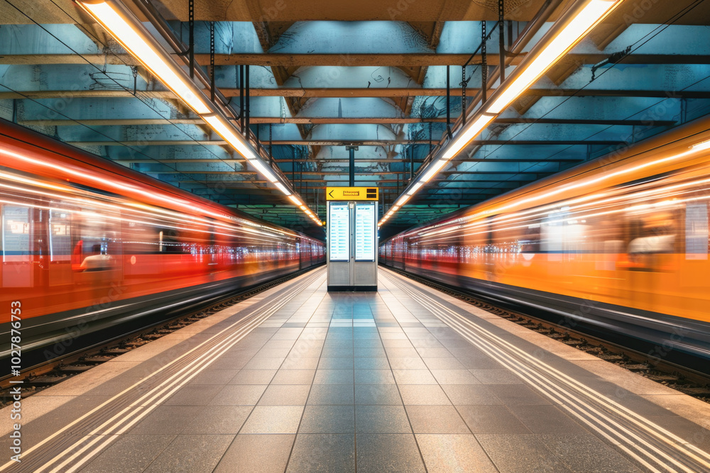 A fast-moving subway train blurs through an underground station, with vibrant colors and motion, depicting the rush of urban transport. A fast-moving subway train blurs through an underground station, with vibrant colors and motion, depicting the rush of urban transport.
