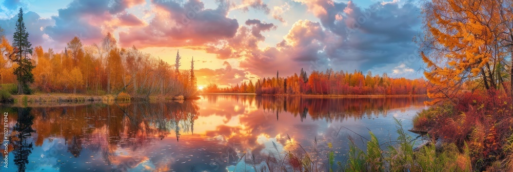 Naklejka premium The sky bursts with vibrant autumn colors as the sun sets, casting reflections on the calm lake surrounded by trees. Generative AI