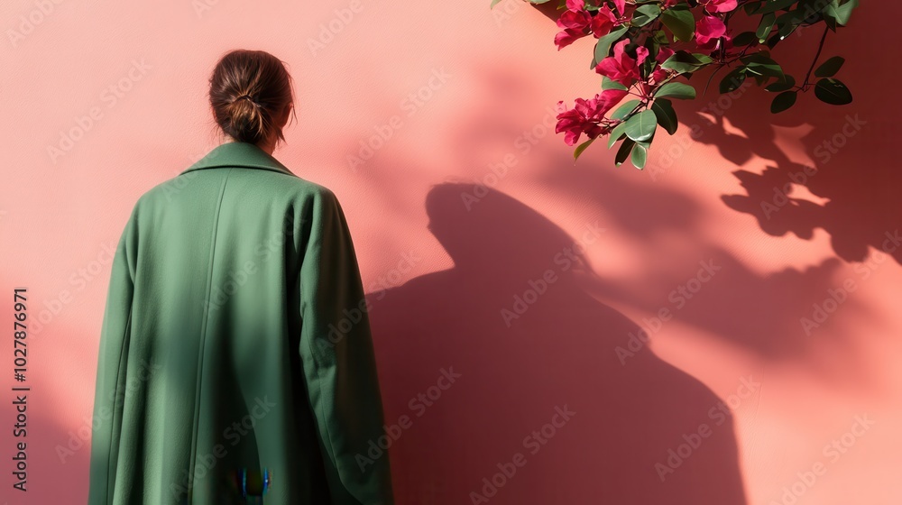 A woman wearing a green coat and with her hair in a bun faces a pink wall adorned with red flowers, casting a shadow that adds depth to this vibrant scene. A woman wearing a green coat and with her hair in a bun faces a pink wall adorned with red flowers, casting a shadow that adds depth to this vibrant scene.