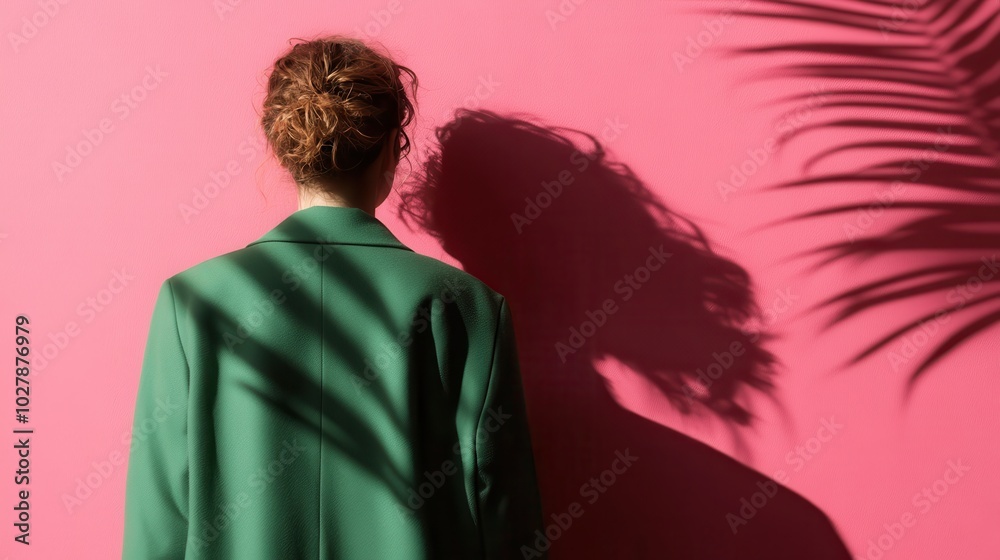The shadow of a woman with her hair in a loose bun falls on a pink wall, her lush green coat standing out starkly against the pink, creating a vivid artistic effect. The shadow of a woman with her hair in a loose bun falls on a pink wall, her lush green coat standing out starkly against the pink, creating a vivid artistic effect.