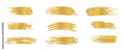 Gold brush strokes. Shiny paint spots. Bright festive highlight. Foil stripe.