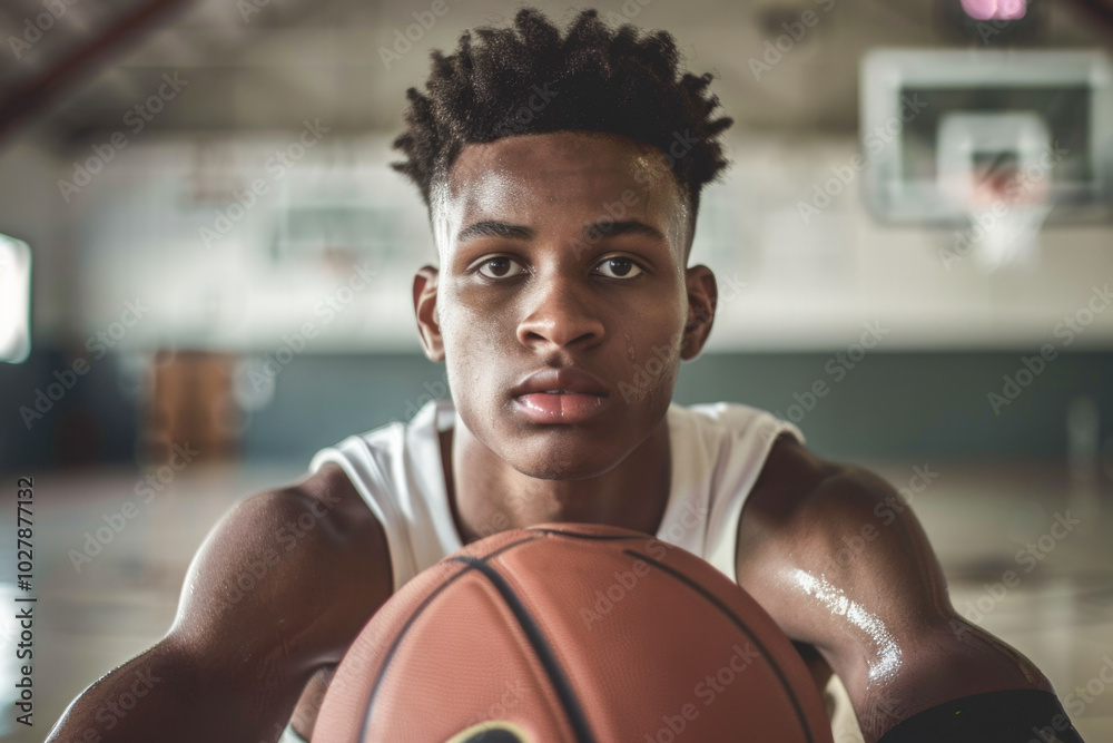 A close-up of a focused basketball player gripping a basketball, looking directly at the camera with intensity and determination. A close-up of a focused basketball player gripping a basketball, looking directly at the camera with intensity and determination.