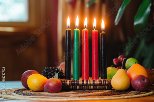 Kwanzaa Celebration with Kinara and Fruits photo