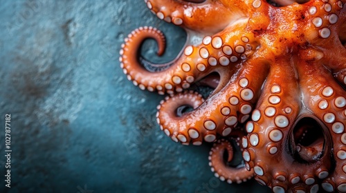 This image captures the intricate details of octopus tentacles, showcasing the suction cups and vibrant colors against a textured blue background.