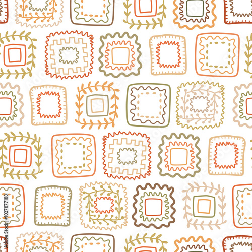 Earth tone hand drawn square shapes seamless pattern. Vector granny square crochet print. Geometric textile design, stamps, floral frames ornament for fabric, background, wrapping paper, textile.