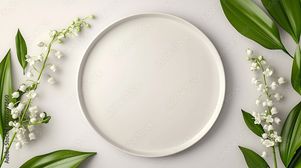 Blank Round Plate Mockup: A round, flat, blank plate standing on a neutral surface. The plate’s outer rim is decorated with a ring of lily of the valley flowers.