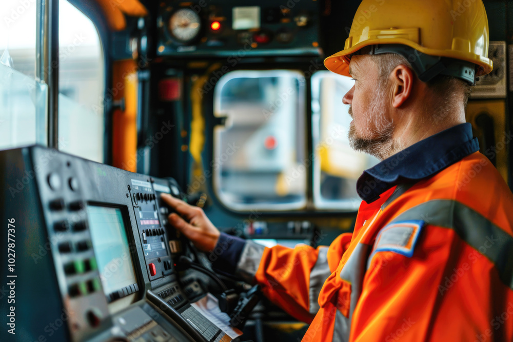 A train operator focuses on managing the control panel inside a locomotive cabin, overseeing the technical systems during operation. A train operator focuses on managing the control panel inside a locomotive cabin, overseeing the technical systems during operation.