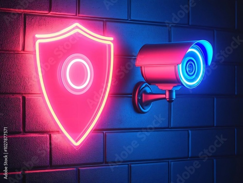 Colorful neon lights featuring a shield and surveillance camera on a dark wall, representing security and protection themes. photo