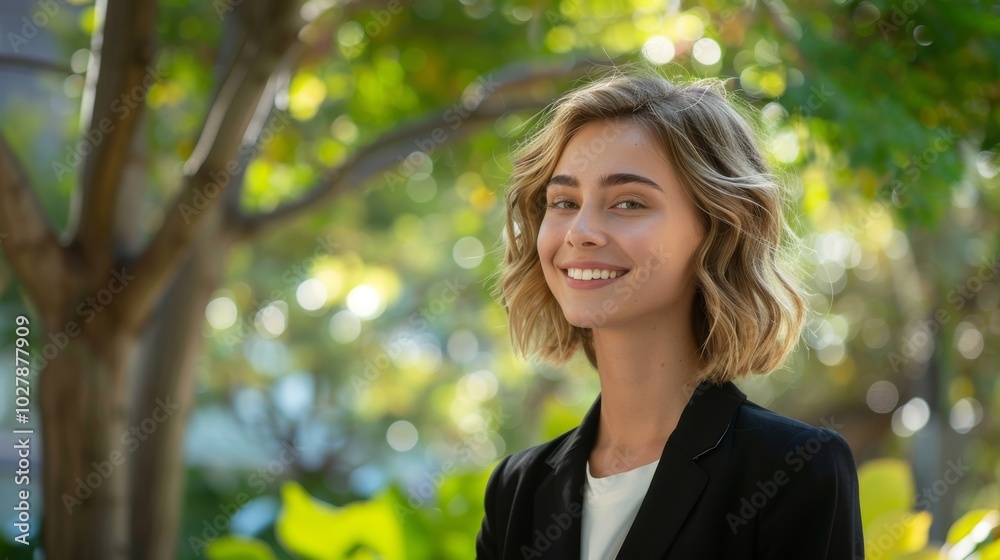 Businesswoman in formal suit, smiling confidently while looking to the side, standing in a modern outdoor setting Businesswoman in formal suit, smiling confidently while looking to the side, standing in a modern outdoor setting