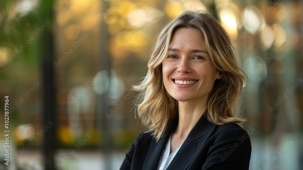 Businesswoman in formal suit, smiling confidently while looking to the side, standing in a modern outdoor setting Businesswoman in formal suit, smiling confidently while looking to the side, standing in a modern outdoor setting