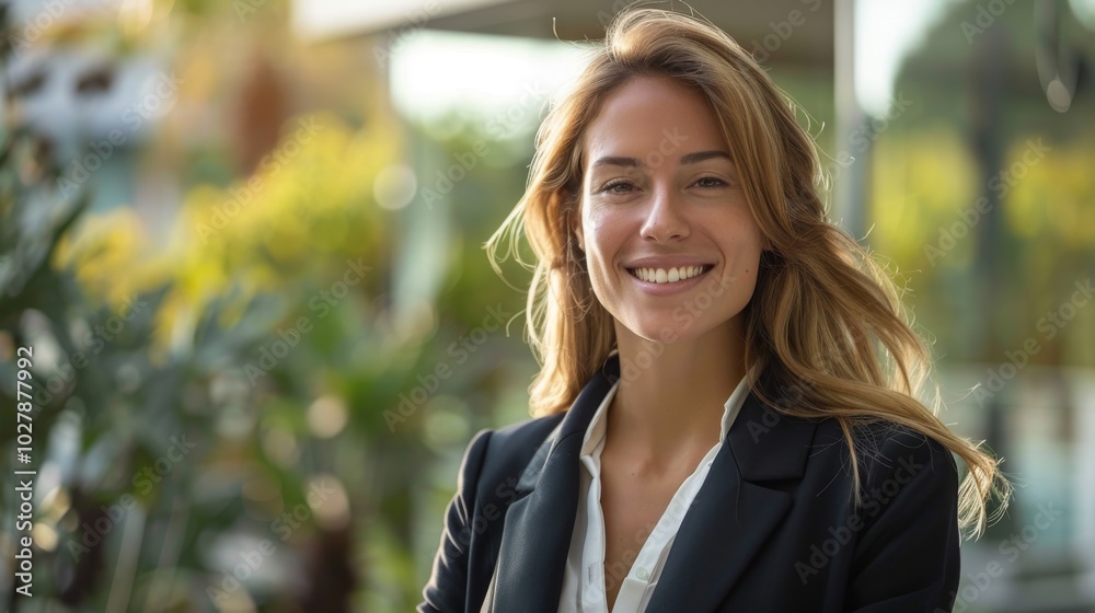 Businesswoman in formal suit, smiling confidently while looking to the side, standing in a modern outdoor setting Businesswoman in formal suit, smiling confidently while looking to the side, standing in a modern outdoor setting