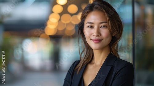 Wallpaper Mural Businesswoman in formal suit, smiling confidently while looking to the side, standing in a modern outdoor setting Torontodigital.ca