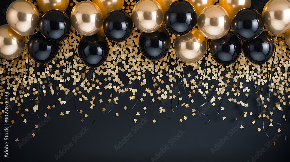 Black and gold balloons and confetti for a celebratory event.
Black and gold balloons and confetti for a celebratory event.