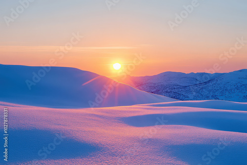 Serene Winter Sunrise over Snowy Hills 