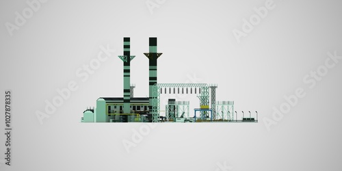 A thermal power plant (TPP) set against an isolated background, represents an electric energy production facility. This is a concept for electricity generation depicted as a simple 3D illustration