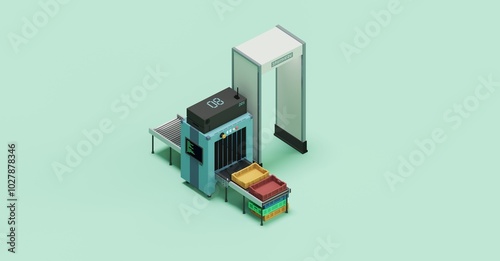 An airport baggage security scanner, depicted in an isometric illustration, represents an X-ray screening device used as a precaution at the entrance of airport departure gates.