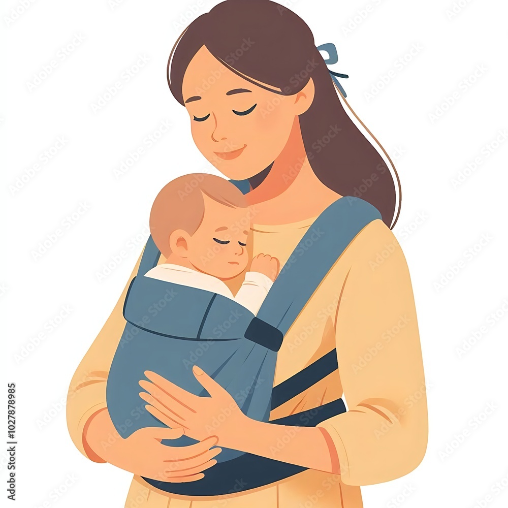 Flat style illustration of a baby nestled in a carrier on mom’s chest. Perfect for family and parenting-related designs. Warm and nurturing composition, ideal for showcasing mother-child bonding and Flat style illustration of a baby nestled in a carrier on mom’s chest. Perfect for family and parenting-related designs. Warm and nurturing composition, ideal for showcasing mother-child bonding and