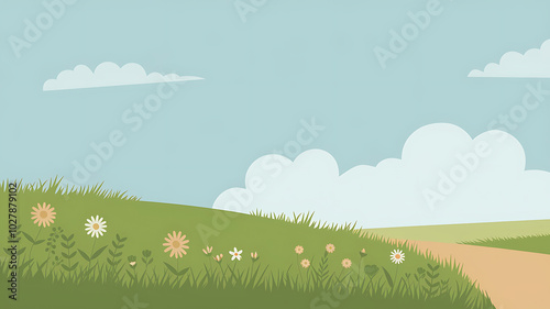 Green Grass, White Clouds, Spring Landscape, Peaceful Nature Scene, Tranquility and Hope. 
