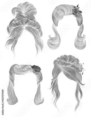 set of long female hair.black pencil drawing sketch .
women fashion beauty style. Elegant hairstyle with decorations.