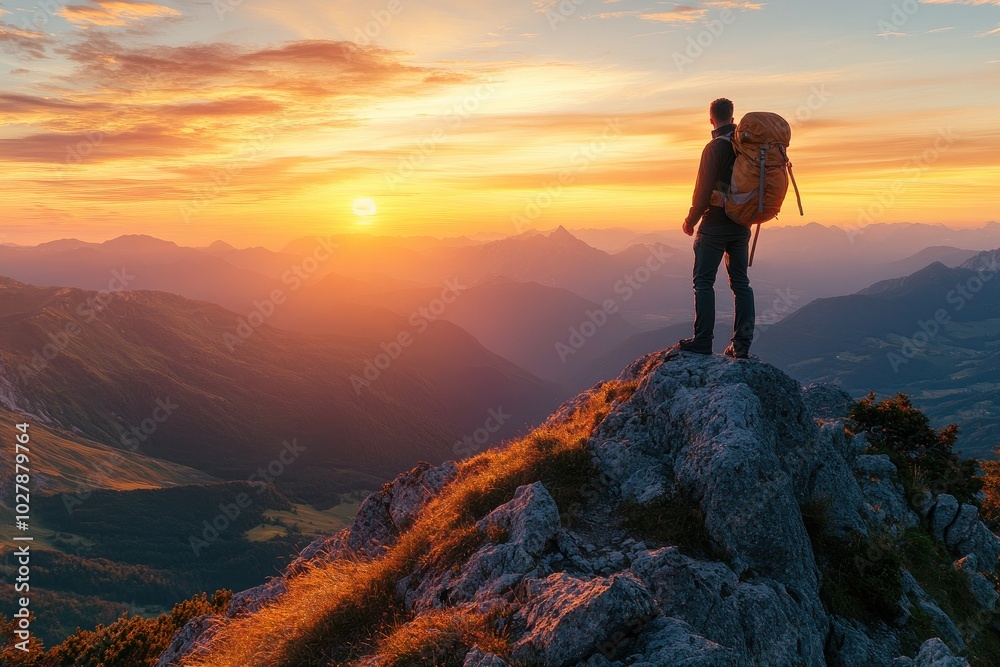 Hiker Enjoying Stunning Mountain Sunset View from Rocky Peak in Nature Adventure Hiker Enjoying Stunning Mountain Sunset View from Rocky Peak in Nature Adventure