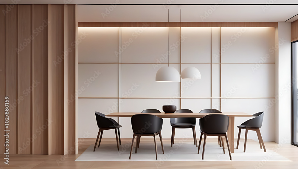 Fototapeta premium minimalist interior design modern dining room abstract wood paneling arched wall