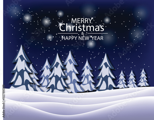 Merry Christmas. Winter holiday landscape with snowdrifts and snowy fir trees. Vector 3d illustration. Seasonal nature background. Frosty snow hills.