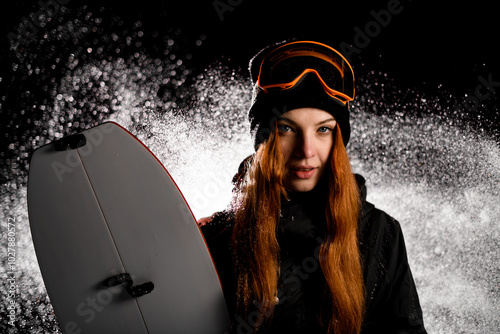 Young pretty smiling female snowboarder holding her splitboard next to her photo