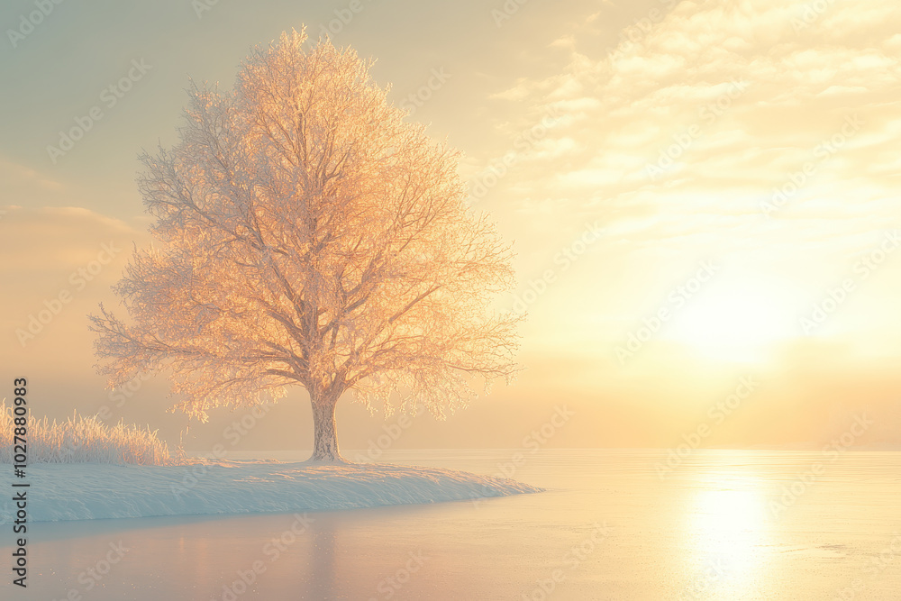 Peaceful Winter Sunrise with Frosty Tree Peaceful Winter Sunrise with Frosty Tree