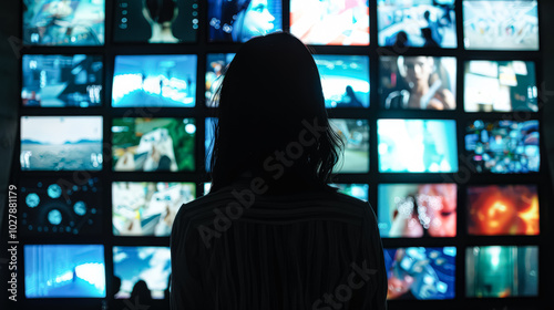 Woman is looking at a large screen with many different images on it. Scene is one of curiosity and wonder, as the woman seems to be fascinated by the variety of images on the screen