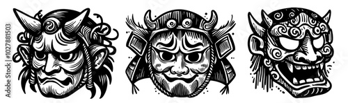 set of japanese mythological masks, black vector illustrations