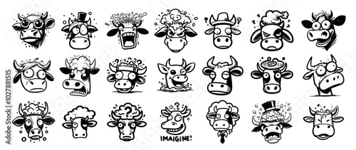 humorous crazy cow collection in playful cartoon style, black vector