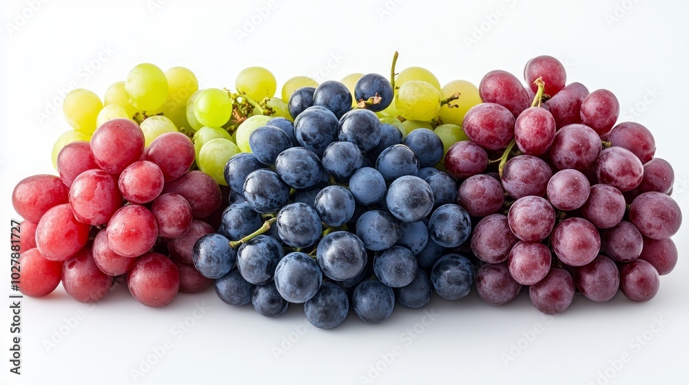 A vibrant display of assorted grapes in various colors arranged neatly on a white background. A vibrant display of assorted grapes in various colors arranged neatly on a white background.