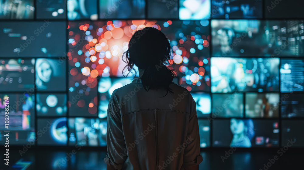 Woman stands in front of a large screen with many images on it. The woman is looking at the screen with interest. The images on the screen are colorful and dynamic, creating a sense of excitement